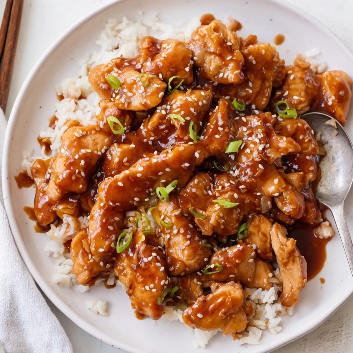 Close-up of glistening Slow Cooker Honey Garlic Chicken served over fluffy white rice.