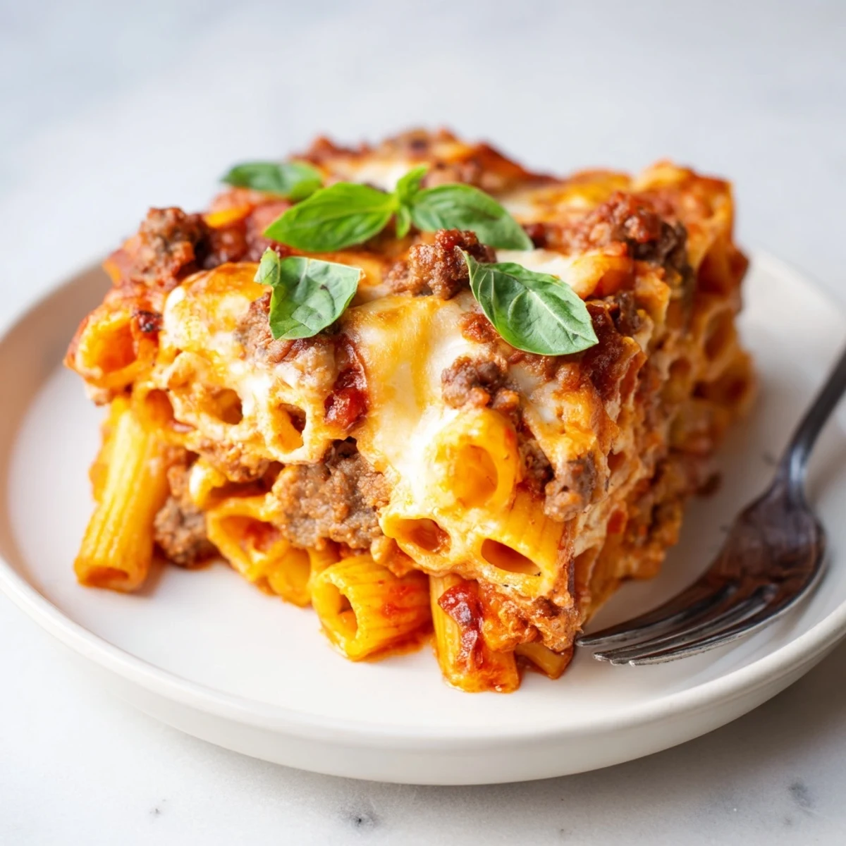 Baked Ziti with Italian Sausage topped with melted cheese and fresh basil leaves.