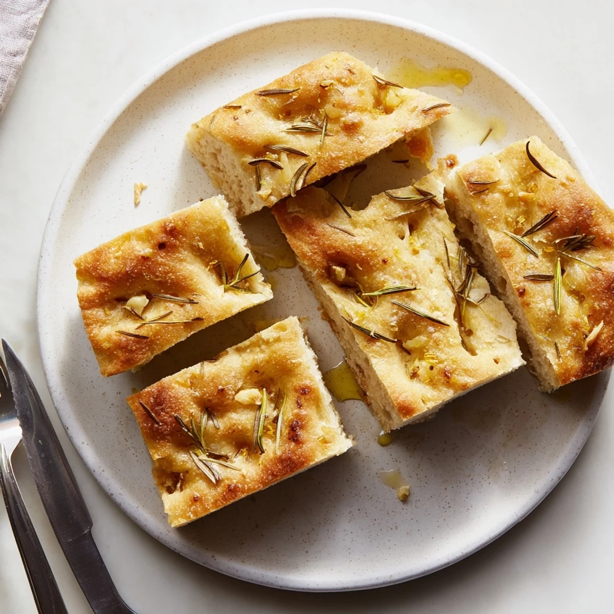 Freshly baked rosemary garlic focaccia bread, golden and dimpled, ready to savor.  