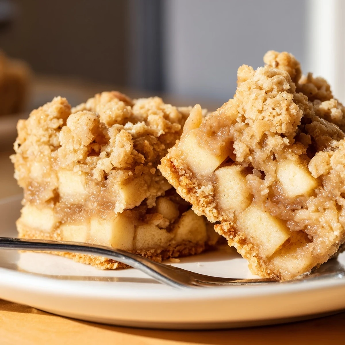 Freshly baked Classic Apple Crumble Bars served warm with a scoop of vanilla ice cream.  