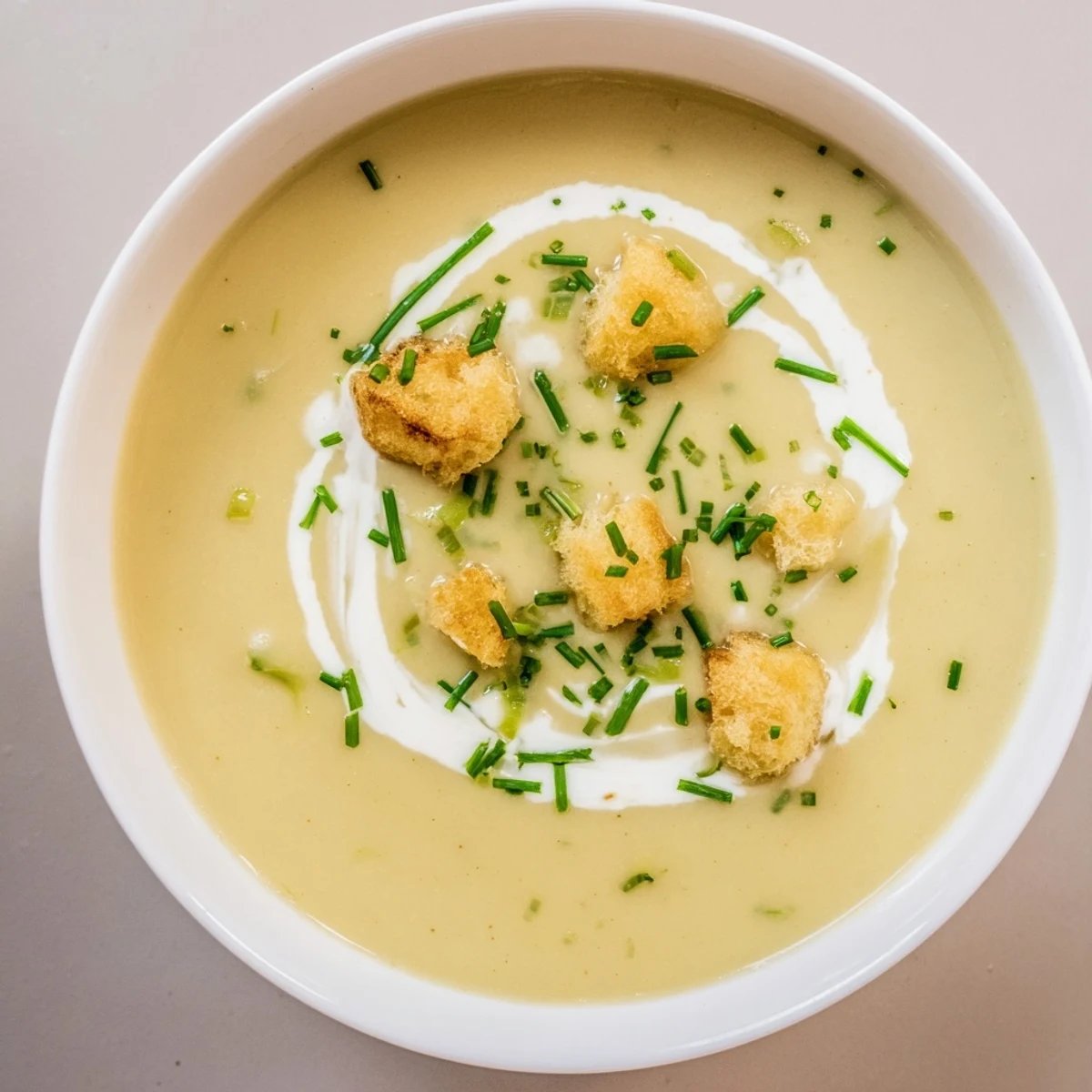 A creamy potato leek soup garnished with fresh chives and drizzled cream.  