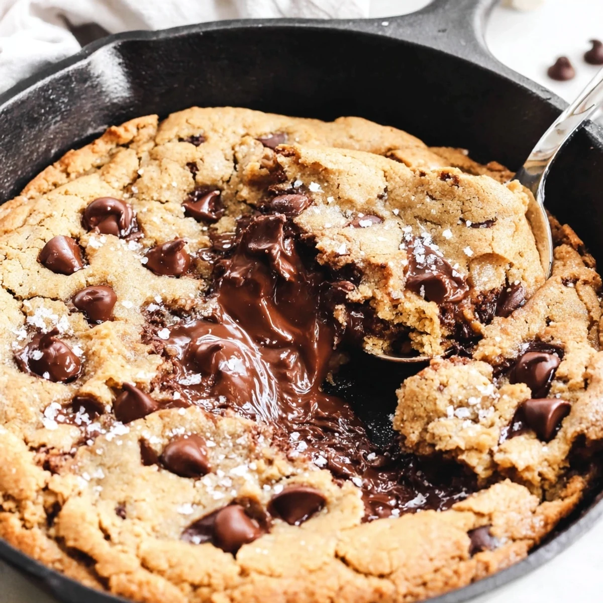 Warm, delicious Gooey Chocolate Chip Skillet Cookie served with a scoop of ice cream.
