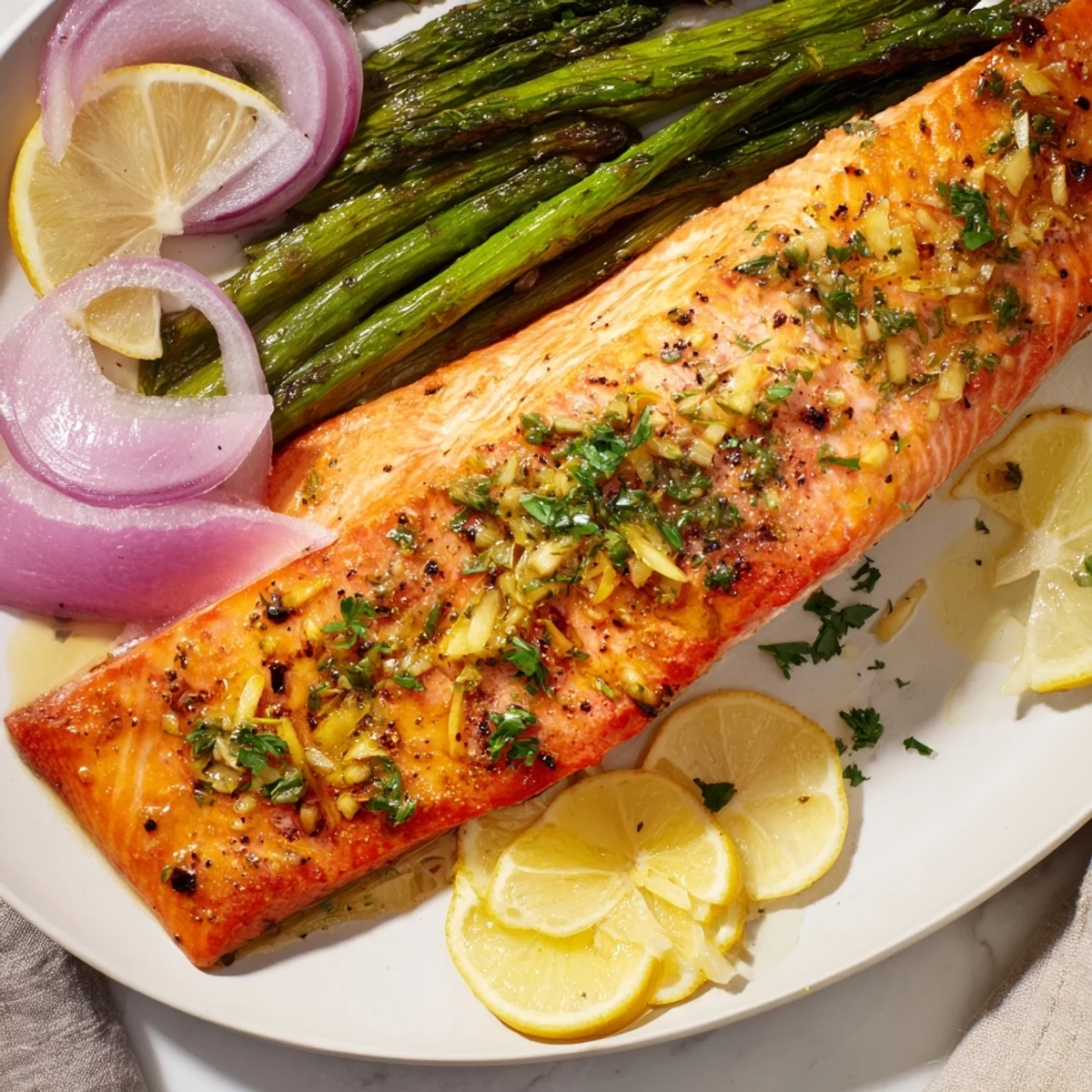 Succulent One-Pan Lemon Garlic Salmon with Asparagus, garnished with fresh parsley and vibrant lemon.  