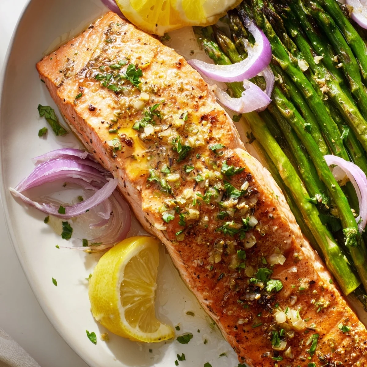 Delicious One-Pan Lemon Garlic Salmon with Asparagus, ready in under 30 minutes, perfect for dinner.  