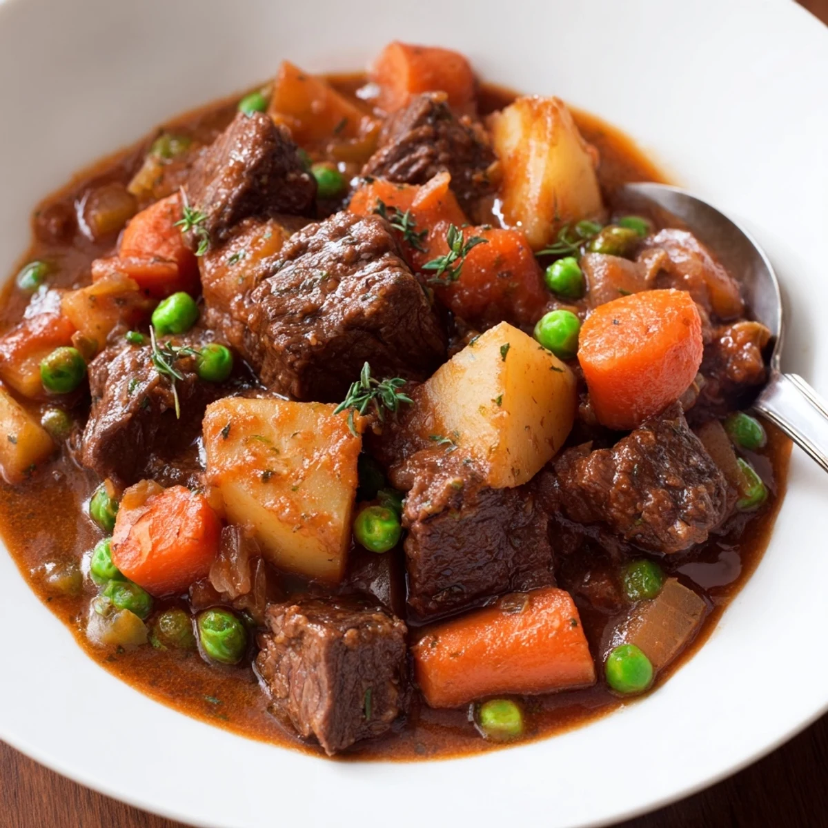 Hearty Beef and Vegetable Stew bubbling in a Dutch oven, filled with tender beef and greens.  