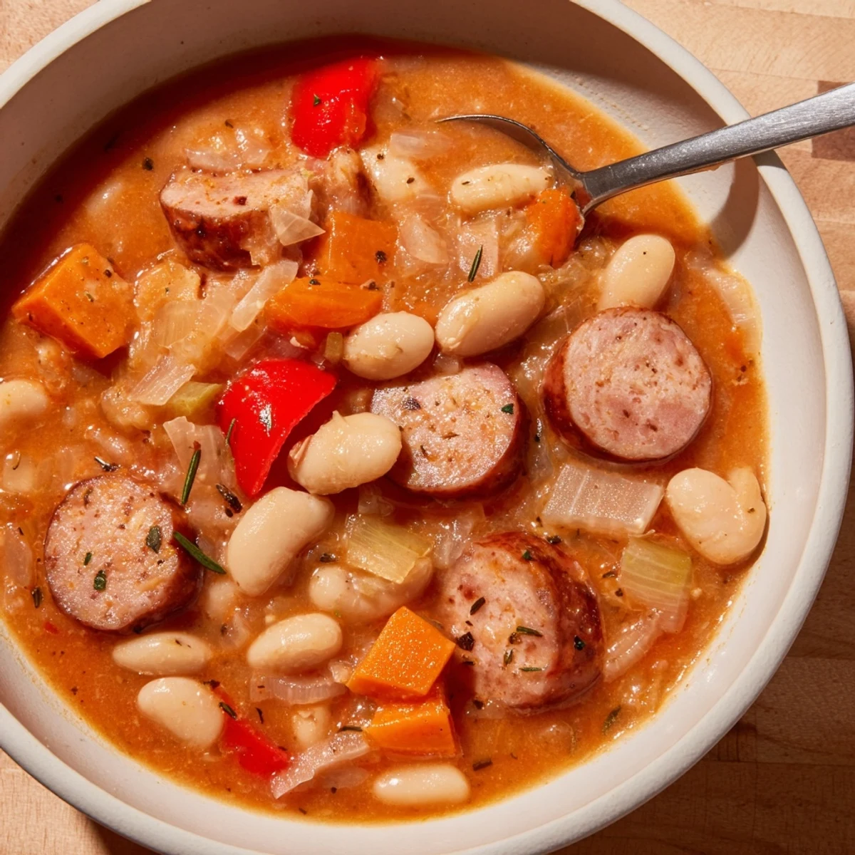 Hearty sausage and white bean stew garnished with fresh parsley, perfect for chilly nights.  