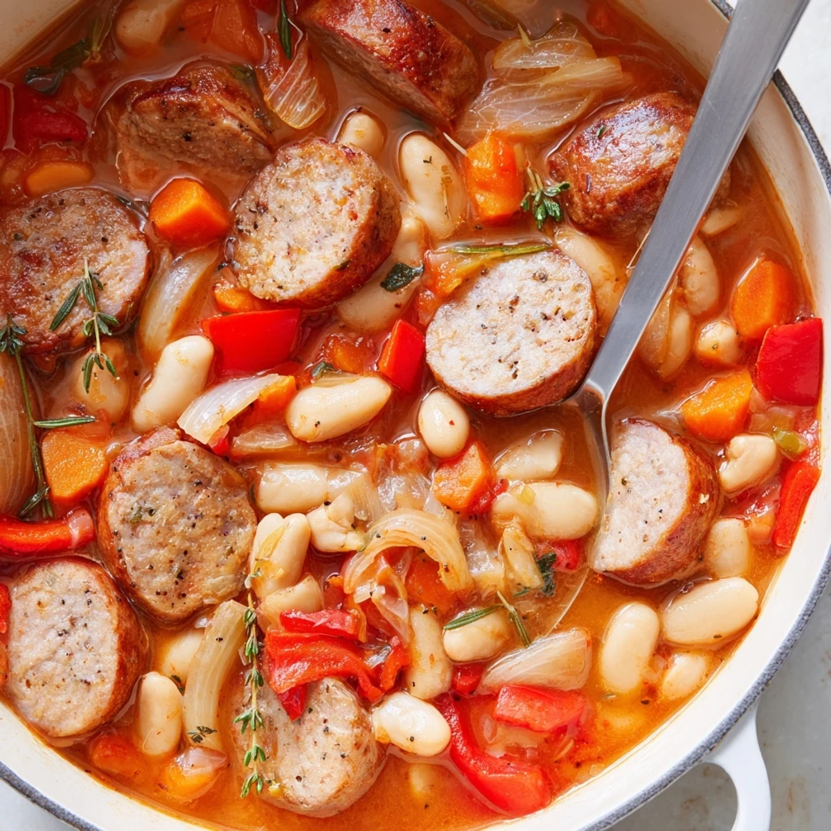 Comforting sausage and white bean stew in rich tomato broth, ideal for cozy meals.  