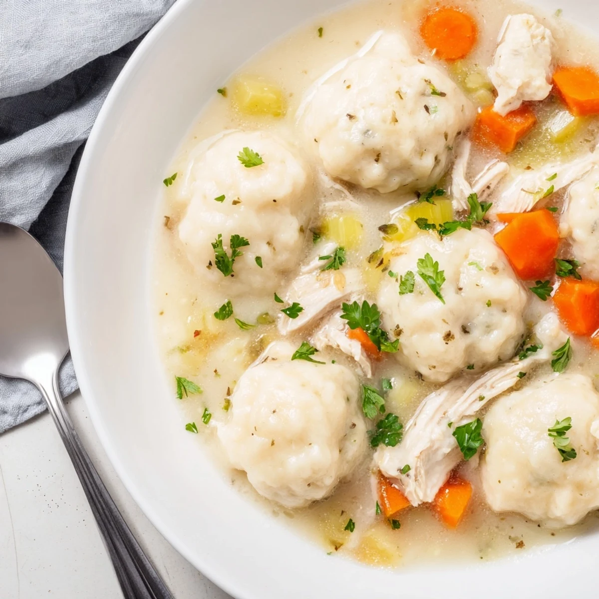 Hearty Classic Chicken and Dumplings served in a rich, savory broth with vegetables.  