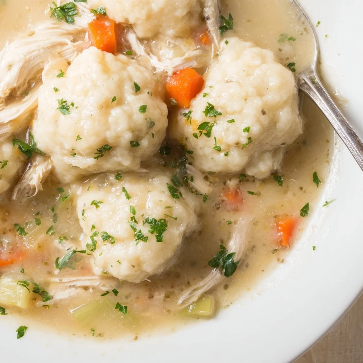 Comforting bowls of Classic Chicken and Dumplings, perfect for a chilly evening.