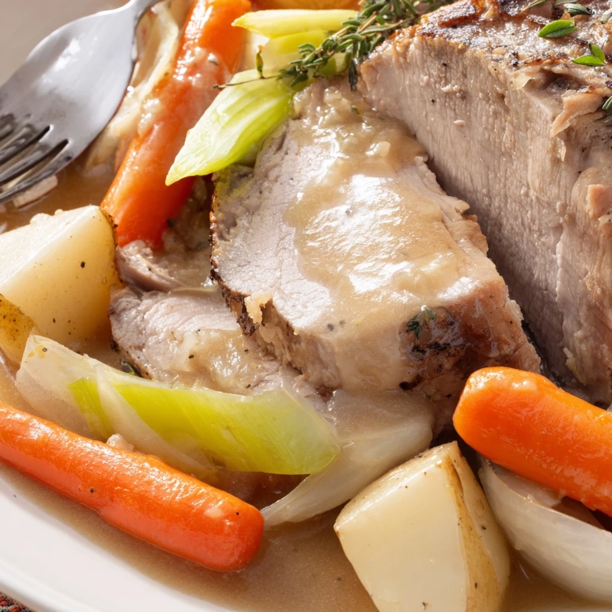 Slow Cooker Pork Roast with Root Vegetables simmered with aromatic herbs for ultimate comfort.  