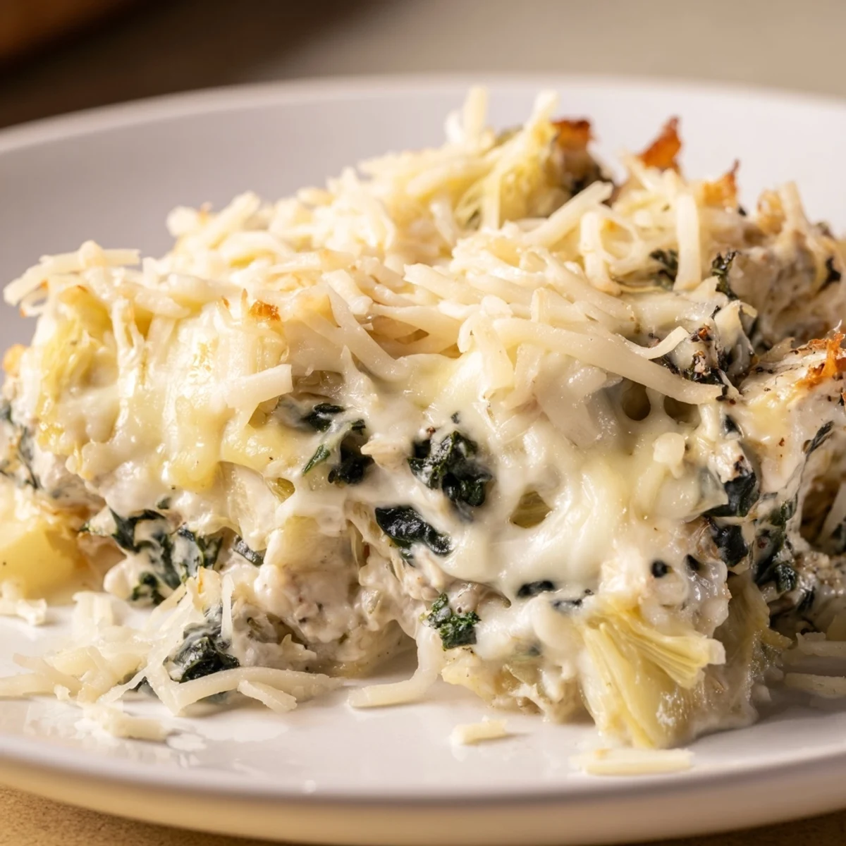 Creamy Cheesy Spinach and Artichoke Bake topped with golden melted cheese, served warm.  