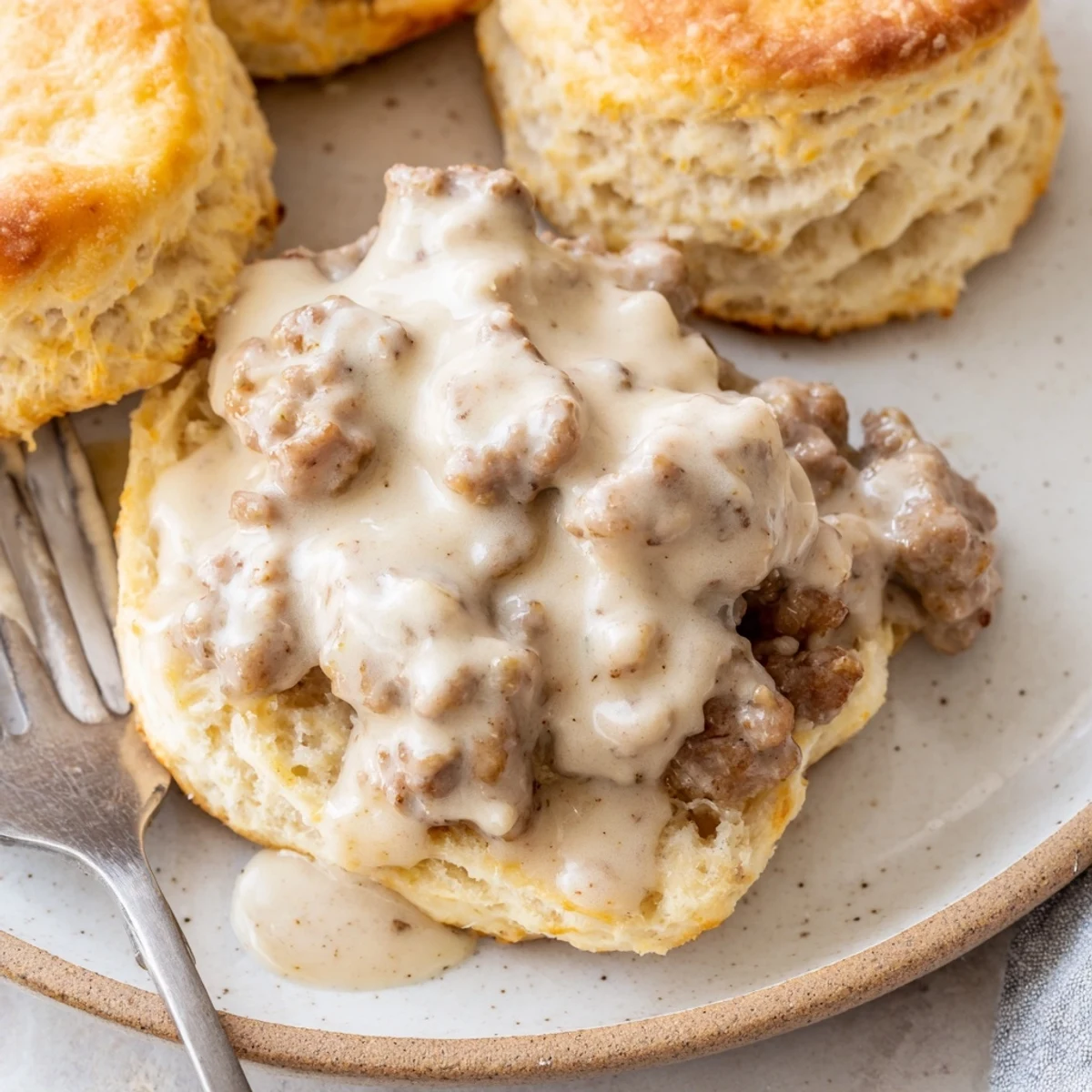 Fluffy homemade biscuits and gravy topped with savory sausage, a Southern delight.  