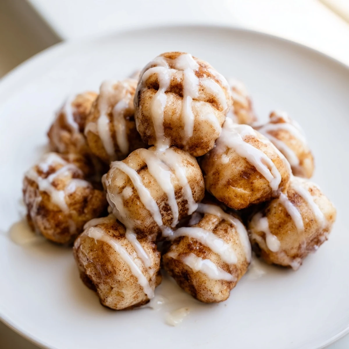 Pillowy dough Warm Cinnamon Roll Bites, drizzled with glaze, perfect for breakfast.  