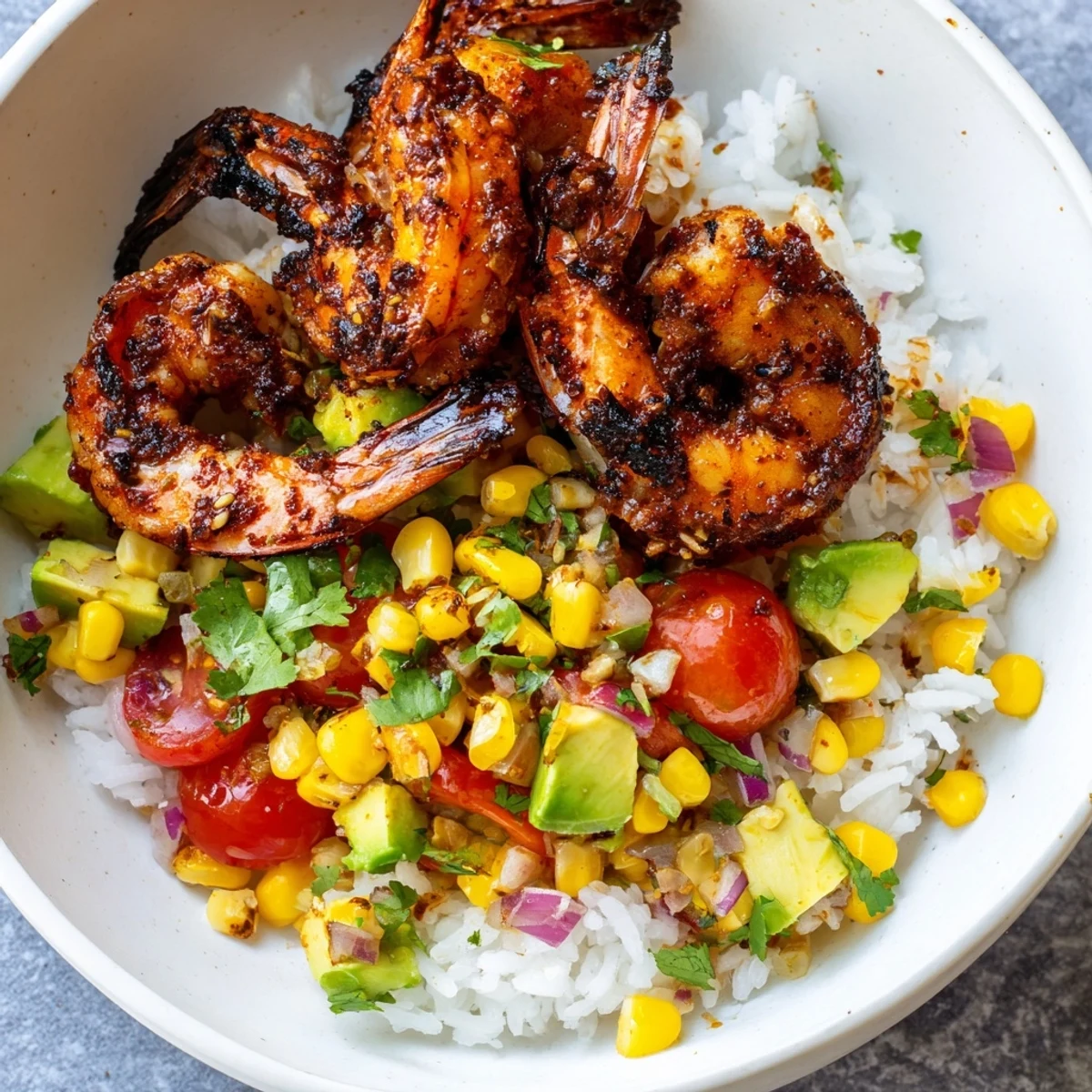 Grilled shrimp bowl displaying juicy grilled shrimp with vibrant avocado corn salsa and fluffy rice.