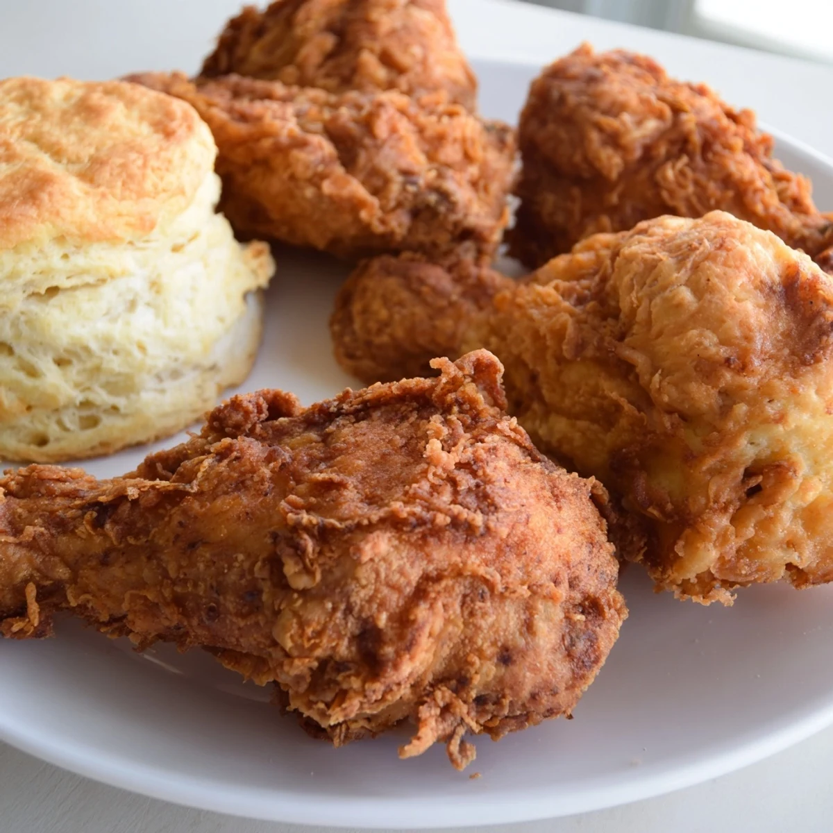 Crispy Southern fried chicken with golden buttermilk biscuits, ready for a comforting bite.
