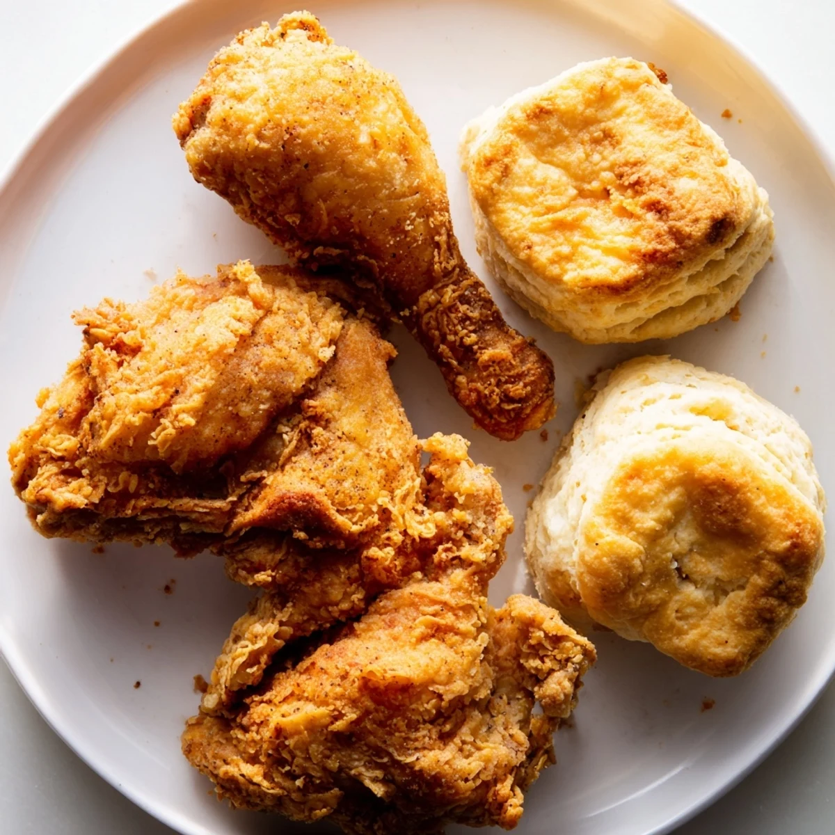 Imagine tender, juicy Southern fried chicken alongside warm, fluffy buttermilk biscuits on a plate.