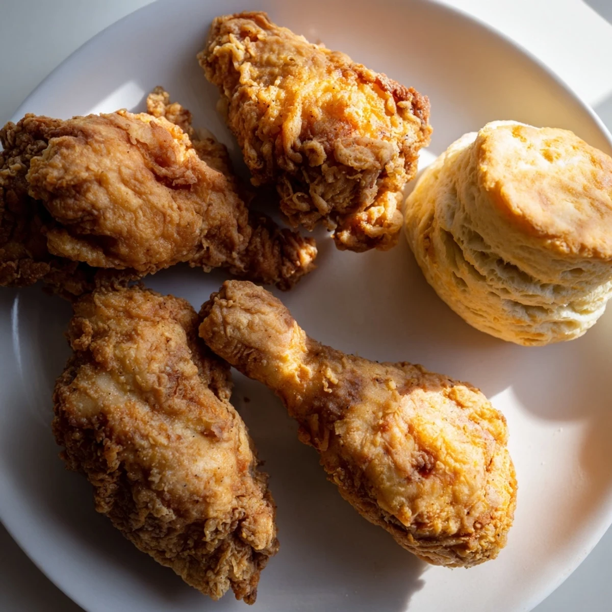Golden-brown Southern fried chicken with flaky buttermilk biscuits, a delicious Southern staple.