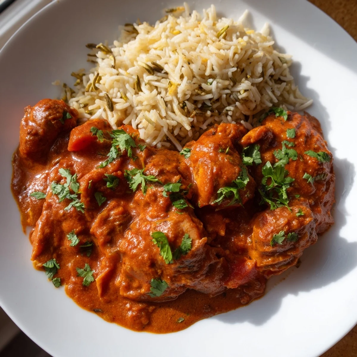 A flavorful plate of Butter Chicken alongside fluffy rice pilaf, ready to be enjoyed.