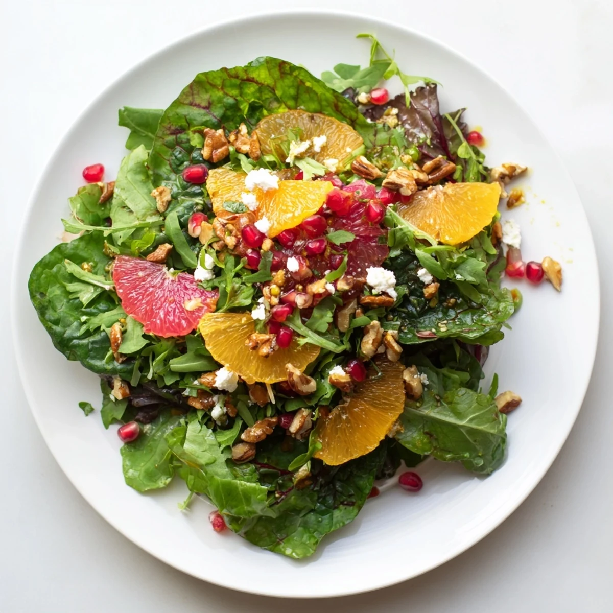 Bright, flavorful Winter Greens Salad with citrus, pomegranate, and toasted nuts, a lovely vegetarian dish.