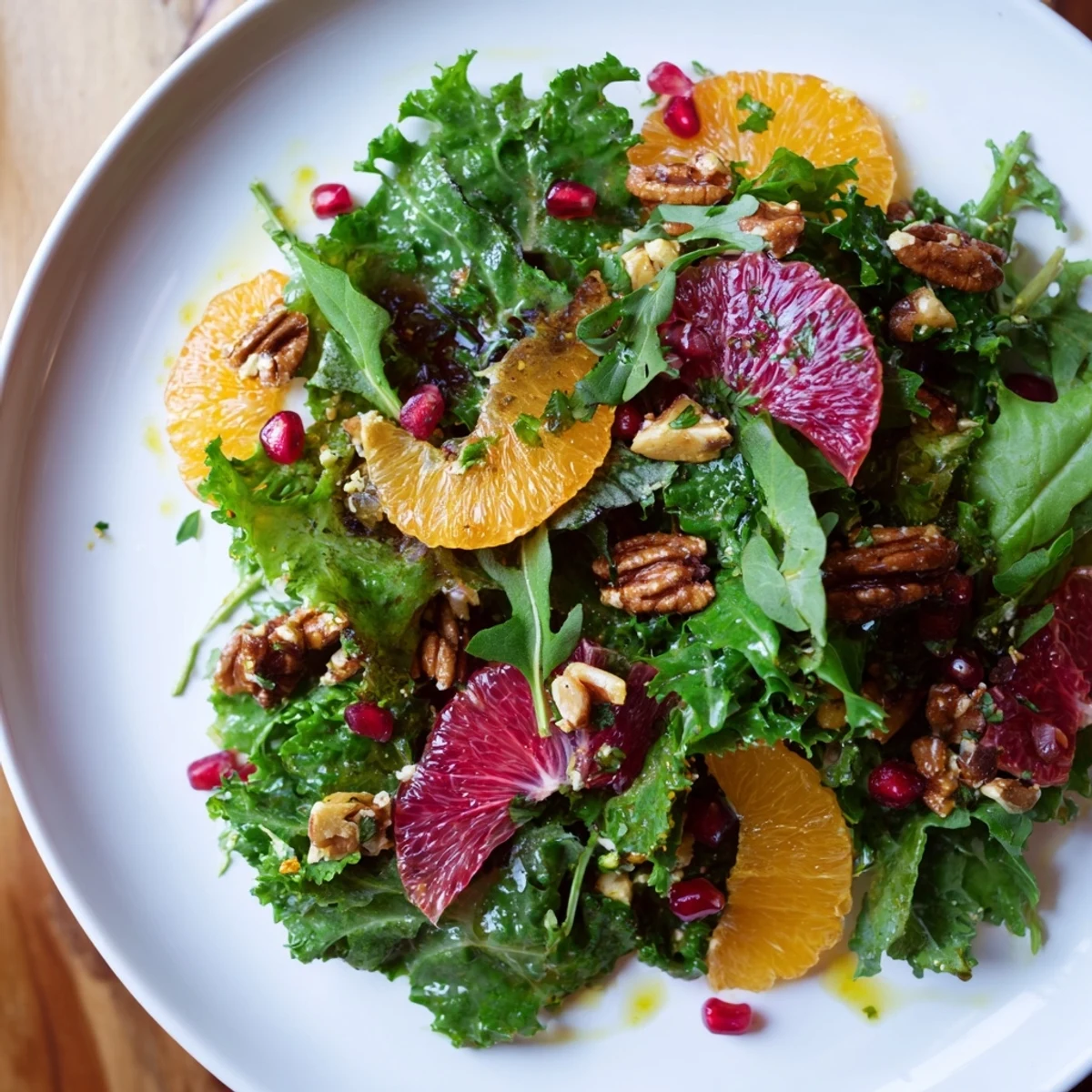 This Winter Greens Salad, laden with citrus, pomegranate, and nuts, is ready to be served.