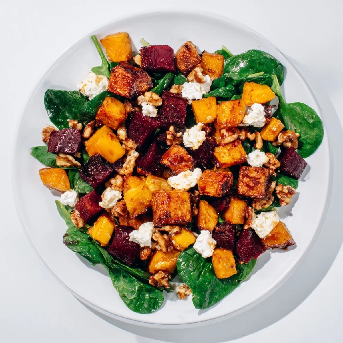 Freshly tossed Roasted Beet, Butternut & Spinach Salad, featuring colorful roasted vegetables.
