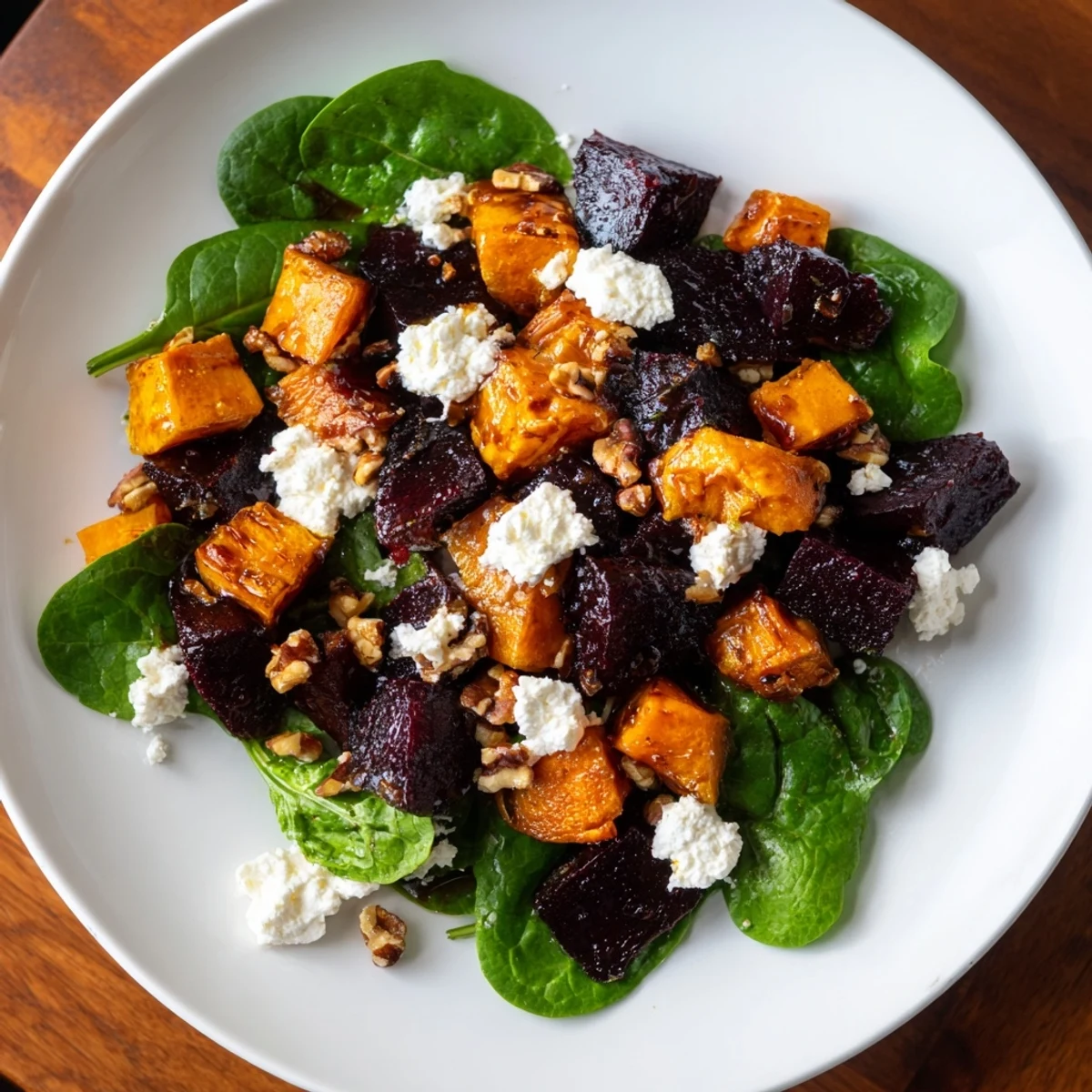 Vibrant image of a Roasted Beet, Butternut & Spinach Salad, ready to be enjoyed as a meal.