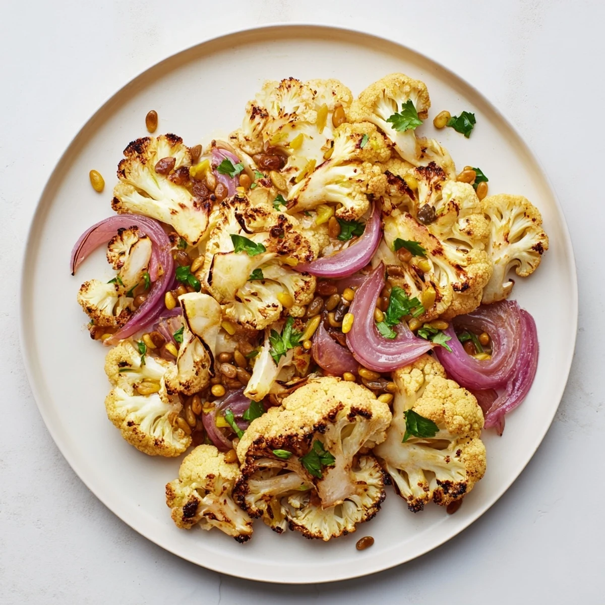 Golden roasted cauliflower salad with a bright, zesty lemon pine-nut dressing, ready to enjoy.