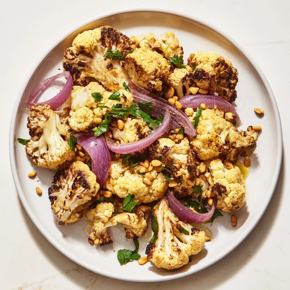 Warm Roasted Cauliflower & Lemon Pine-Nut Dressing Salad: tender cauliflower, nutty pine nuts, and fresh herbs.