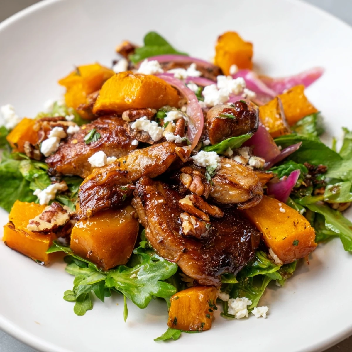 Imagine warm Roasted Chicken & Winter Squash Salad, featuring tender chicken and roasted vegetables with a vibrant glaze.