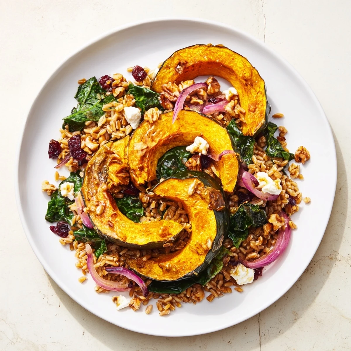 Golden acorn squash atop a Farro & Mustard Green Salad, ready to be tossed with tangy vinaigrette.
