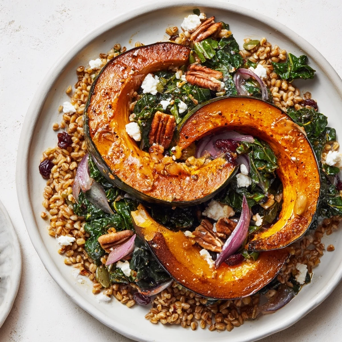 Vibrant Farro & Mustard Green Salad with maple-roasted squash, a colorful and healthy lunch option.