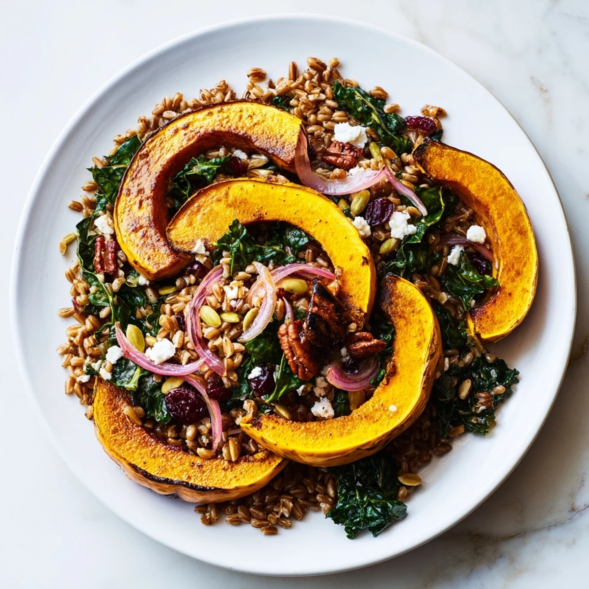 Hearty Farro & Mustard Green Salad with sweet squash, featuring toasted pecans and crumbled cheese.