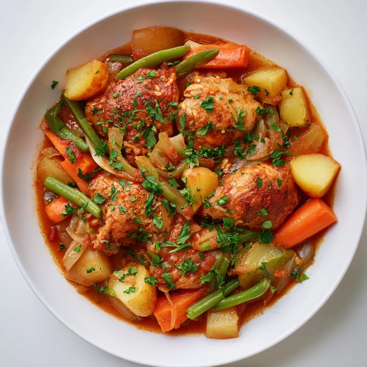 Tender chicken and veggies bubbling in the slow cooker, creating this flavorful Slow-Cooker Chicken & Vegetable Stew.