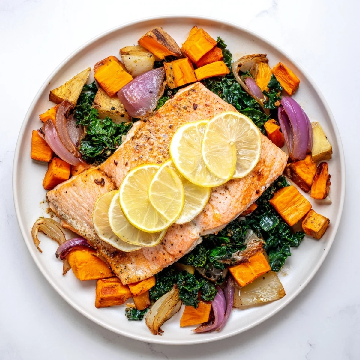 Flaky Sheet-Pan Salmon with Winter Root Vegetables, beautifully roasted and ready to serve.