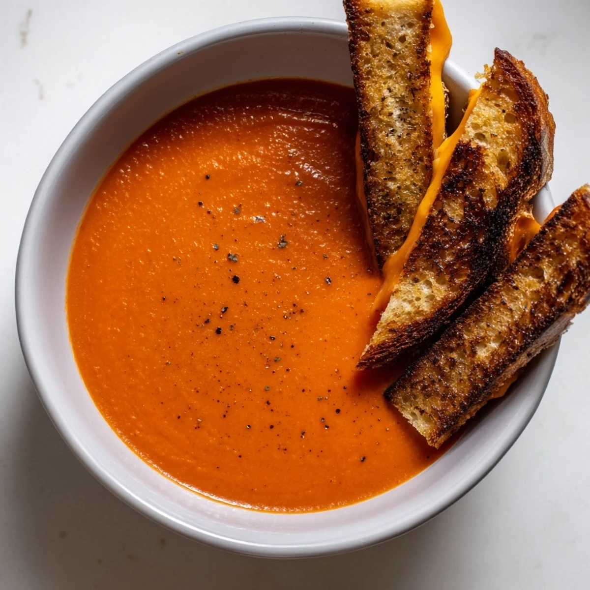 Steaming hot 5-Ingredient Tomato Soup beside grilled cheese: anticipate dunking for that perfect, comforting dip.