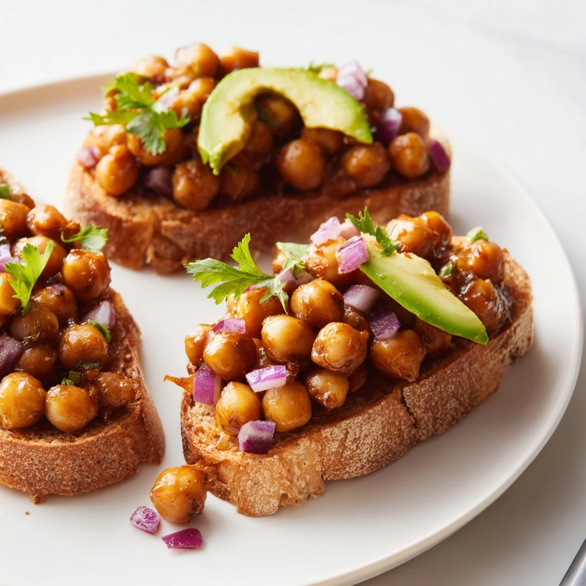 Close-up of BBQ Chickpeas on Toast: a hearty vegan lunch with smoky flavors.