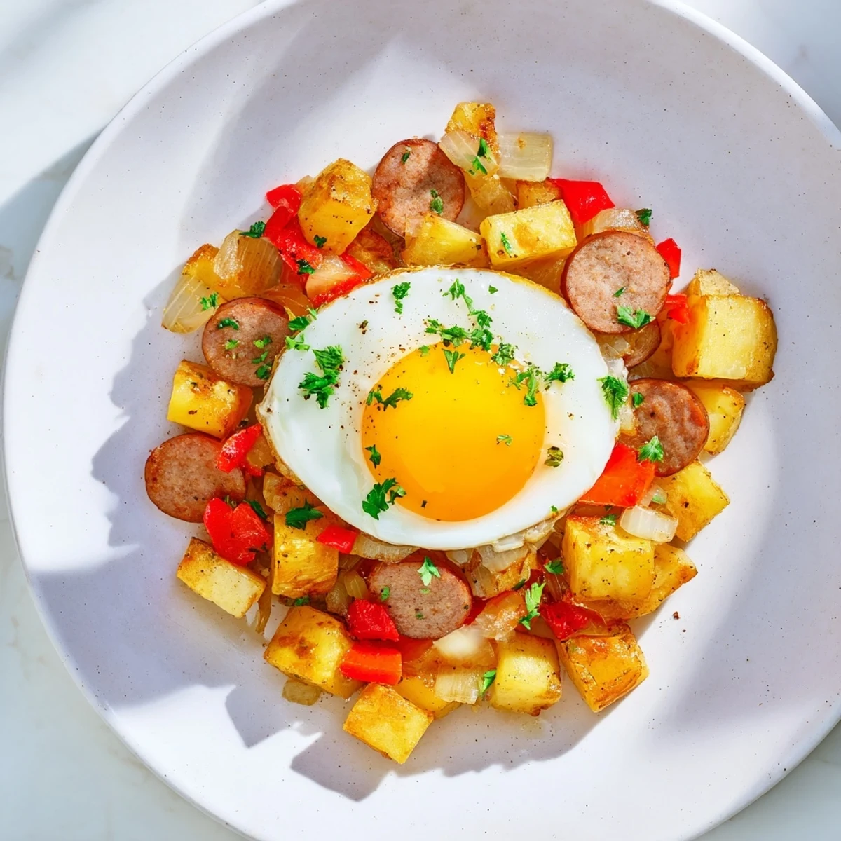 Golden-brown Egg & Potato Hash with visible hot dogs, served hot for a delicious, savory brunch.