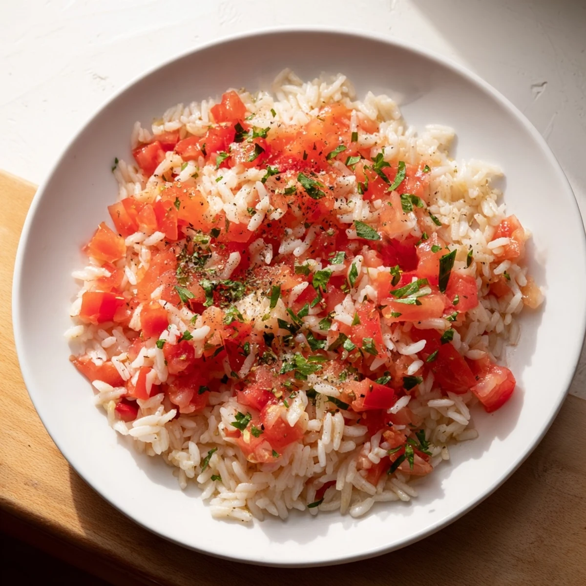 Steaming tomato-rice skillet dinner, a one-pan meal with fresh parsley garnish, ready to serve.