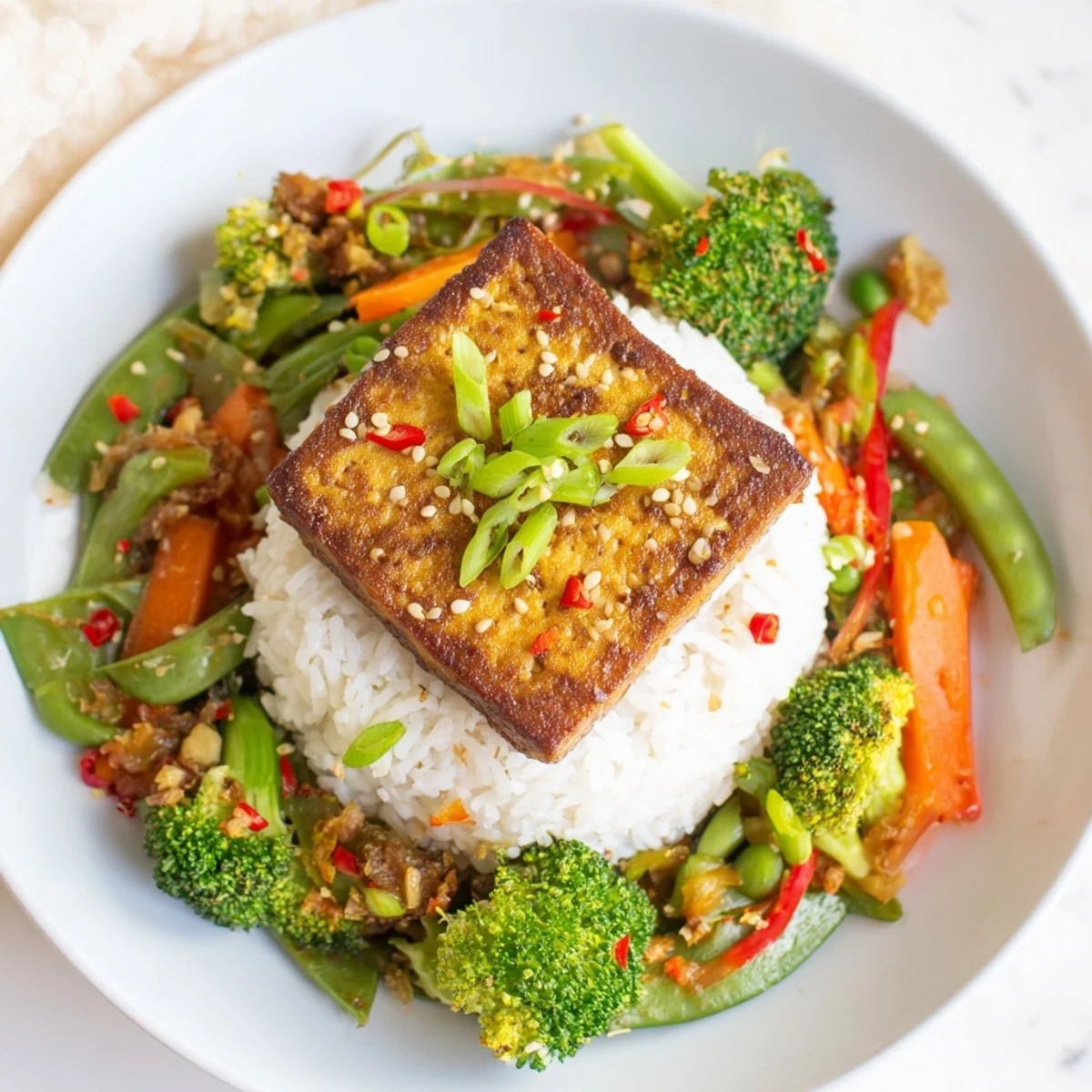 Golden-brown pressed tofu steaks sit atop fluffy rice and vibrant stir-fried vegetables in this healthy meal.
