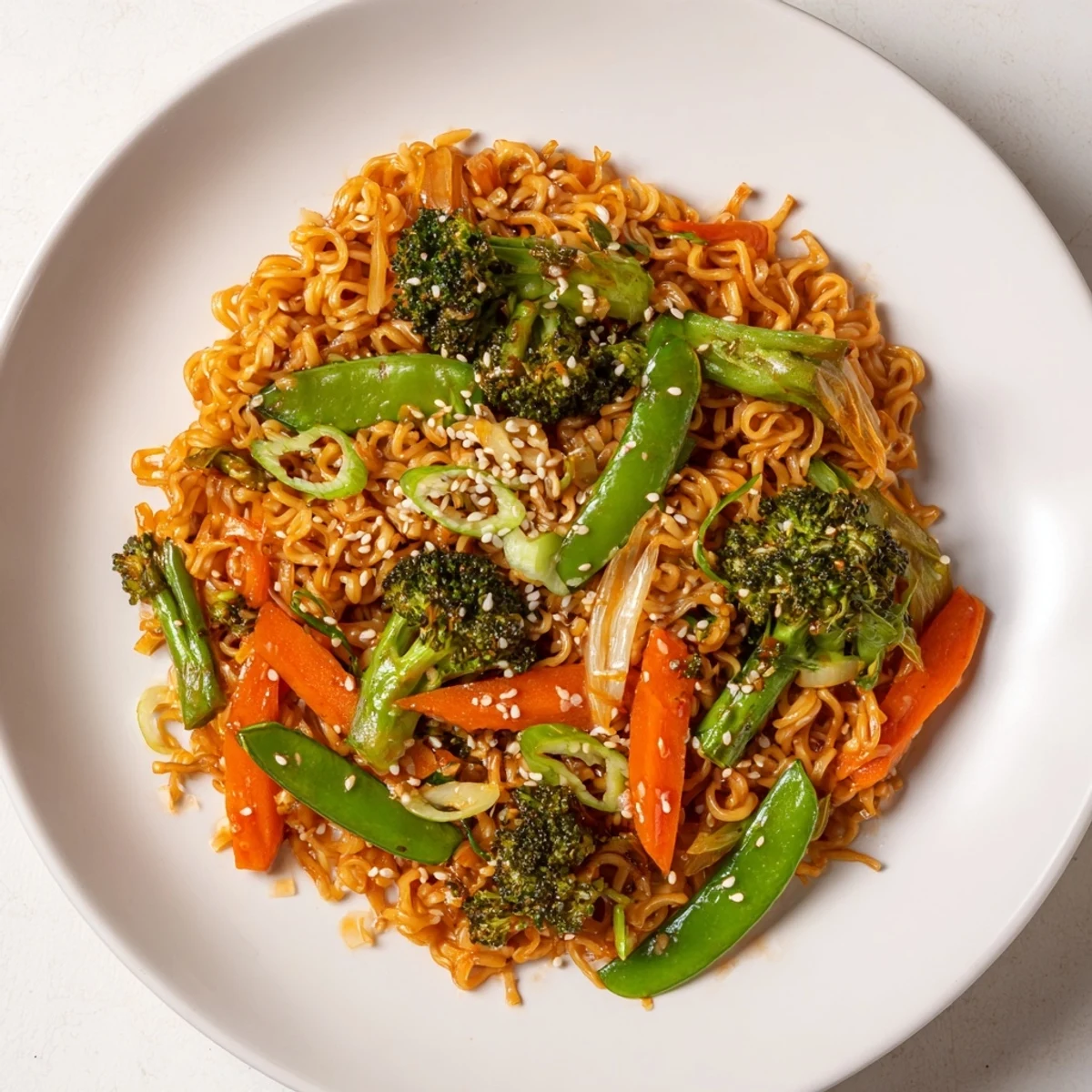Steaming Ramen Noodle Stir-Fry Remix, loaded with colorful vegetables, ready for a quick and easy dinner.