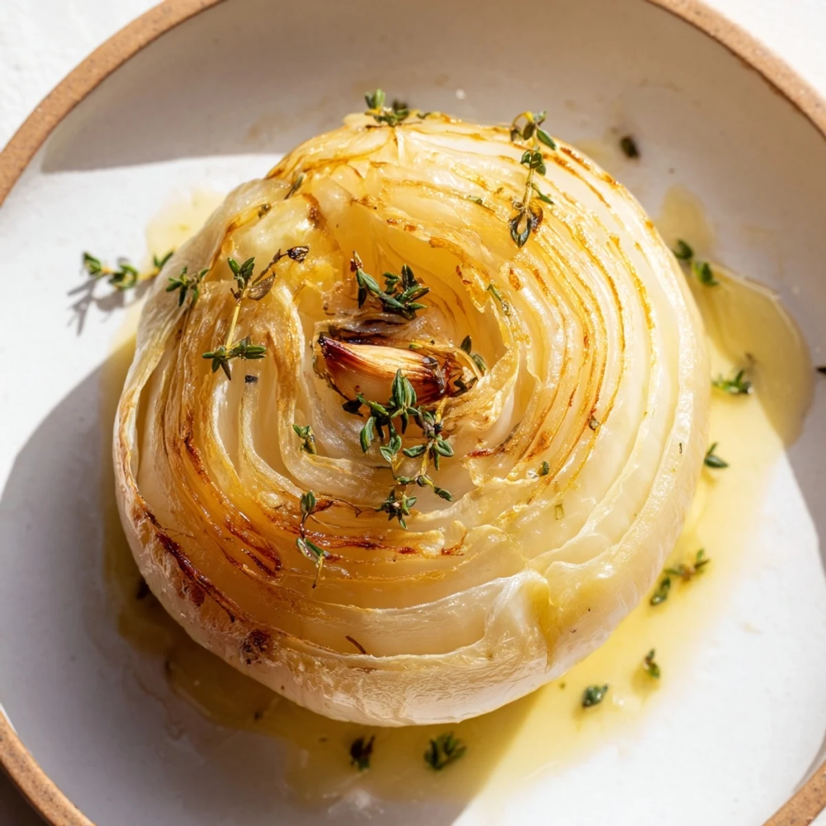 Golden-brown Onion Boil with softened layers, herbs, and melty butter, ready to serve alongside a meal.