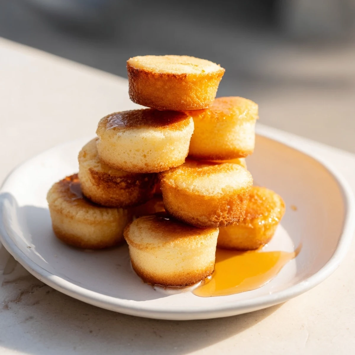 Bowl of fluffy pancake cereal, perfect tiny pancakes with maple syrup drizzled on top.