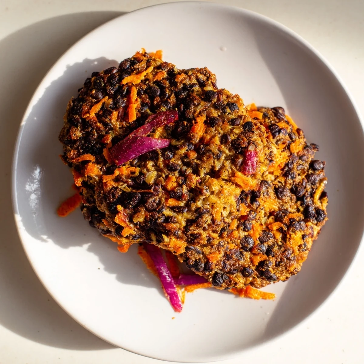 Golden-brown black bean burgers are stacked on a bun, ready to be topped with fresh veggies.