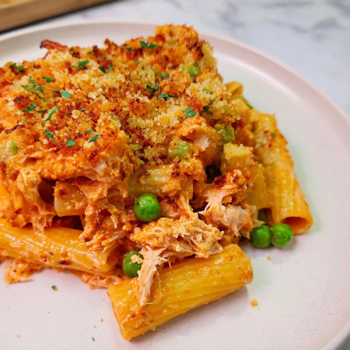 A close-up of a creamy and cheesy tuna pasta bake, ready to be served hot.