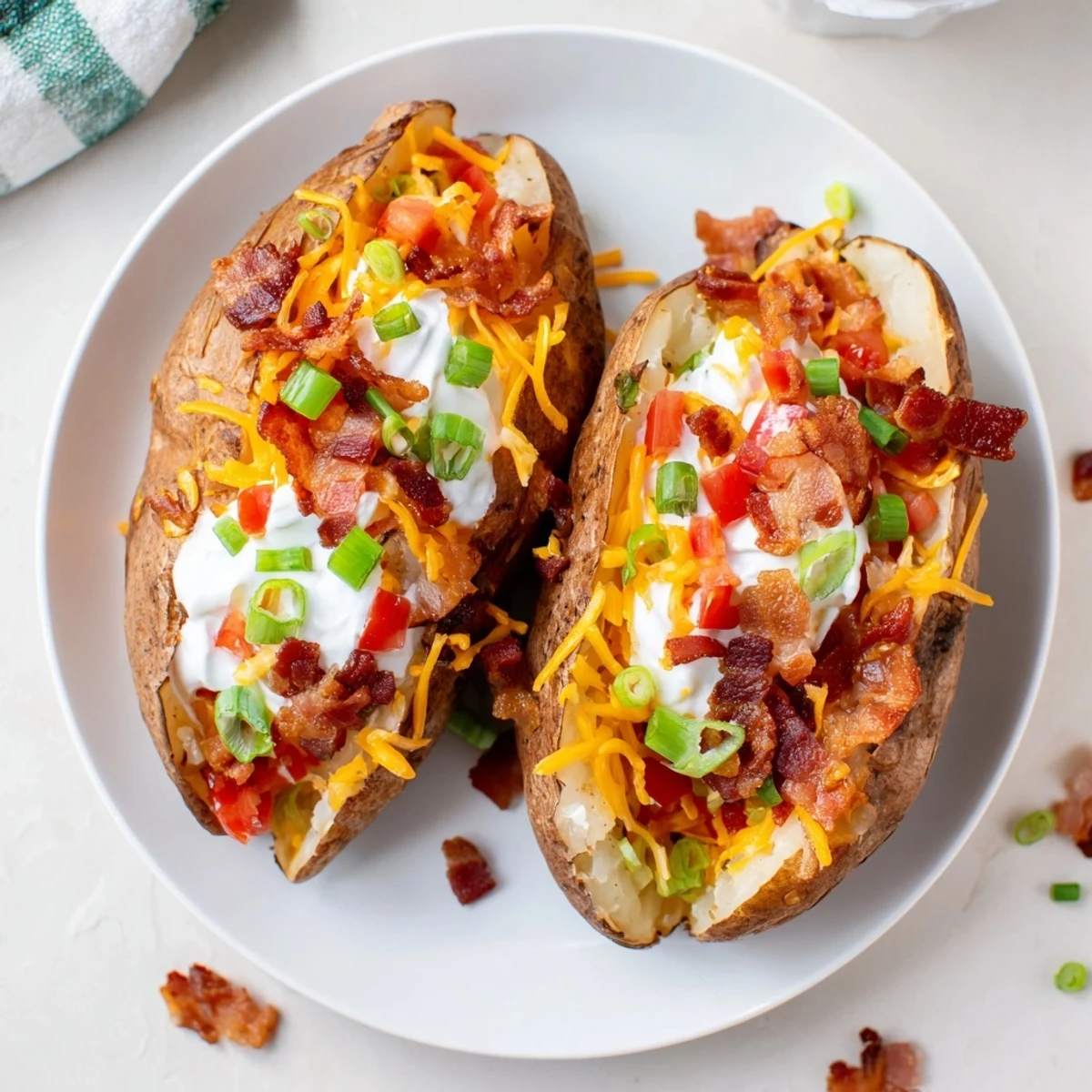 Steaming hot Baked Potato Bar with melty cheddar cheese and sour cream, ready to serve.