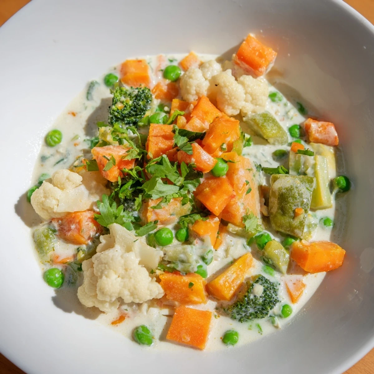 Fragrant, inviting Veggie Coconut Curry; visually, the dish displays colorful vegetables in coconut milk.