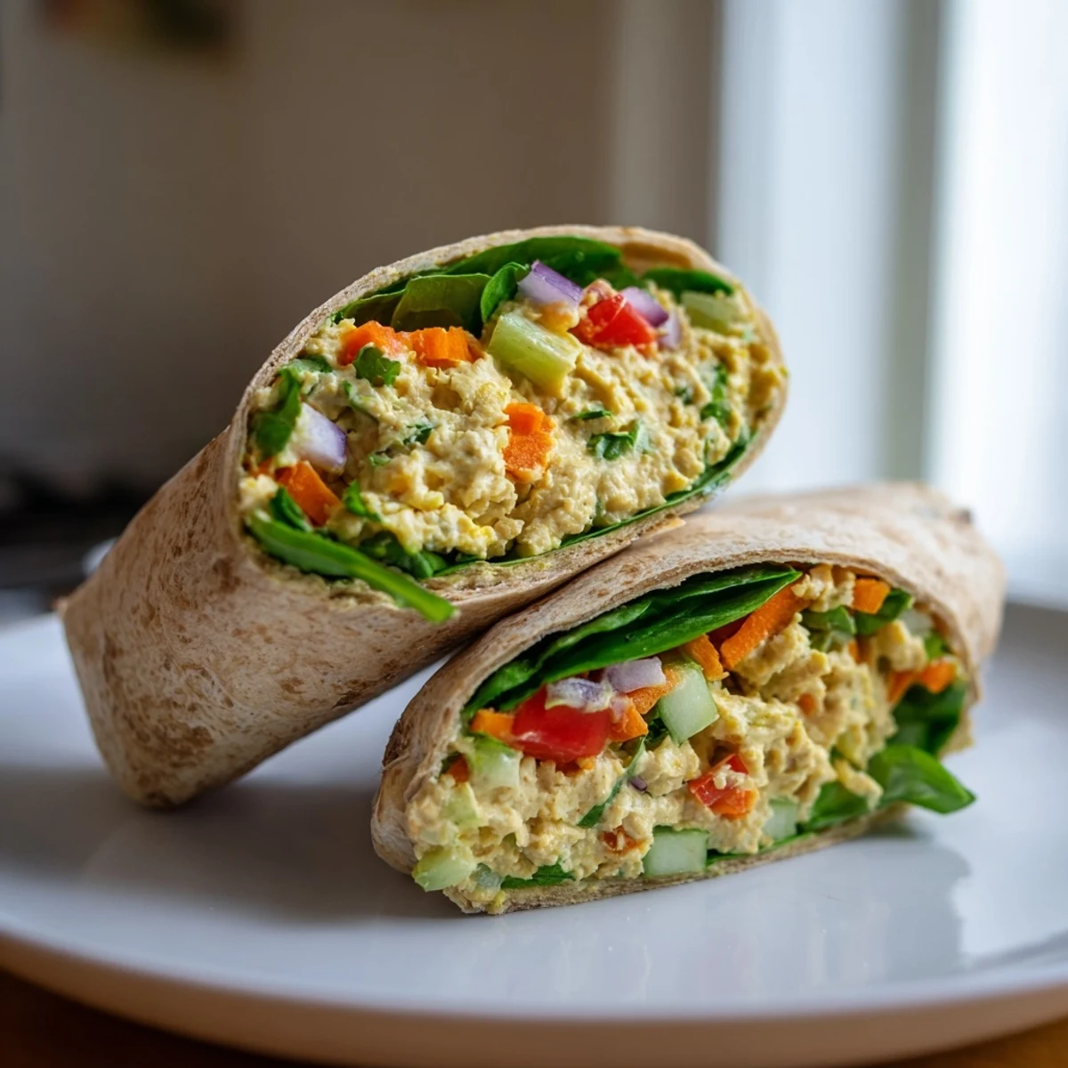 A close-up of delicious chickpea salad wraps showcases a healthy lunch, stuffed with vibrant vegetables and a light dressing.