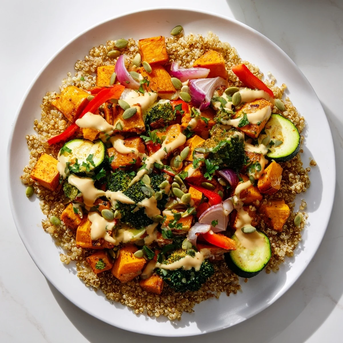 Steaming hot quinoa bowl with roasted veggies: a colorful, healthy vegan meal with lemon-tahini drizzle.