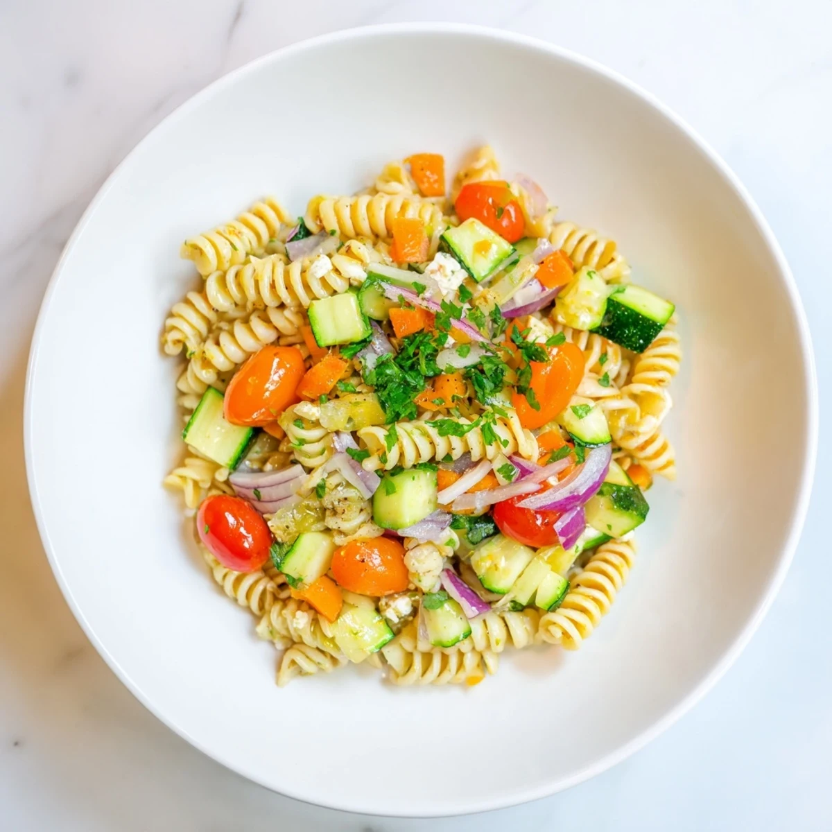 Colorful Pasta Salad with Seasonal Veggies drizzled with zesty dressing, ready to enjoy.