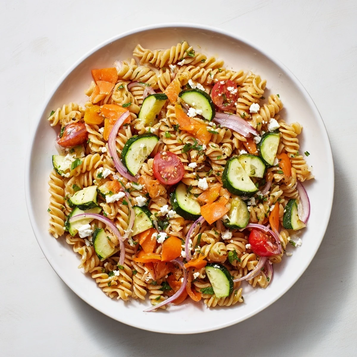 Fresh Pasta Salad with Seasonal Veggies, a vibrant mix perfect for a summer picnic lunch.